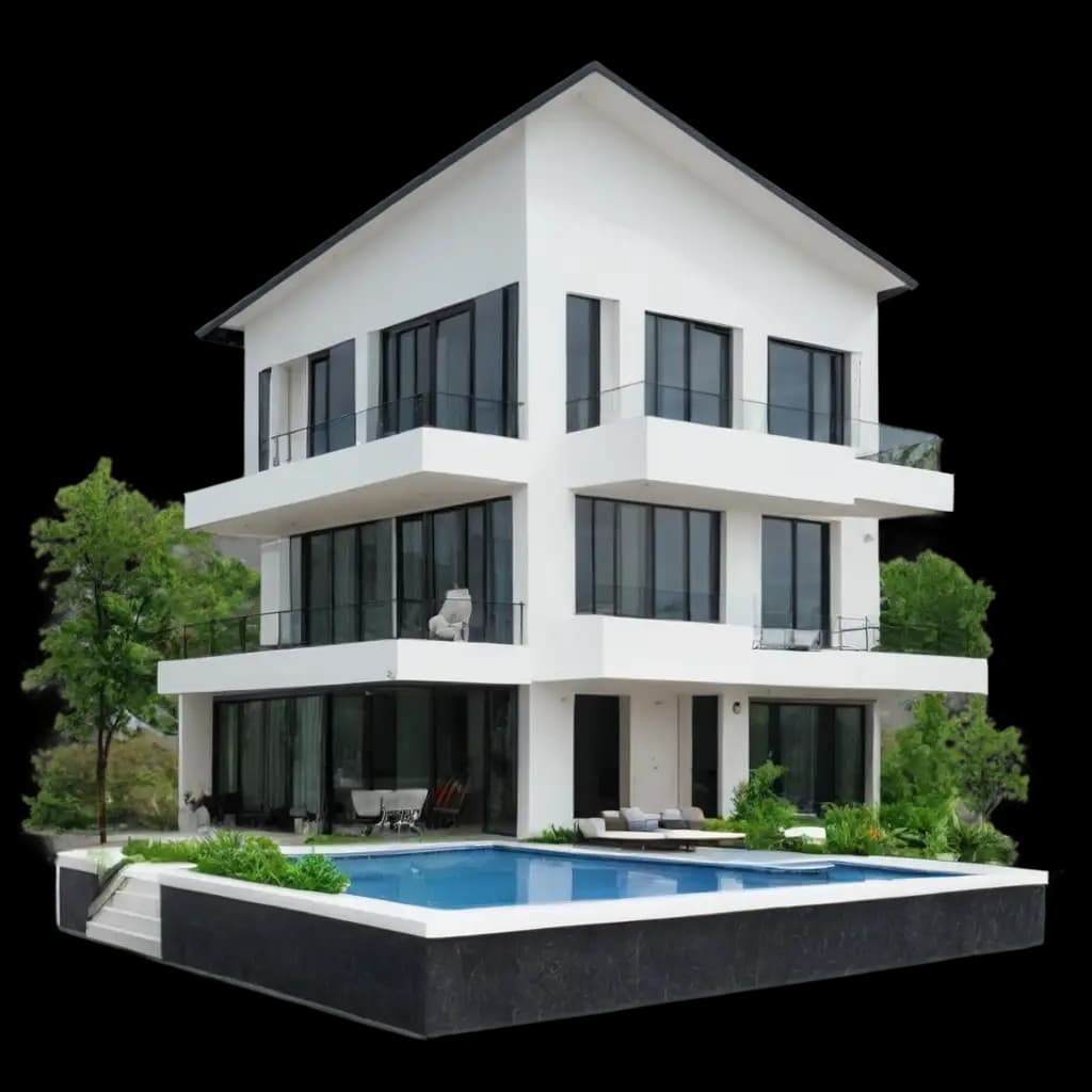 Modern white home with pool and glass balconies